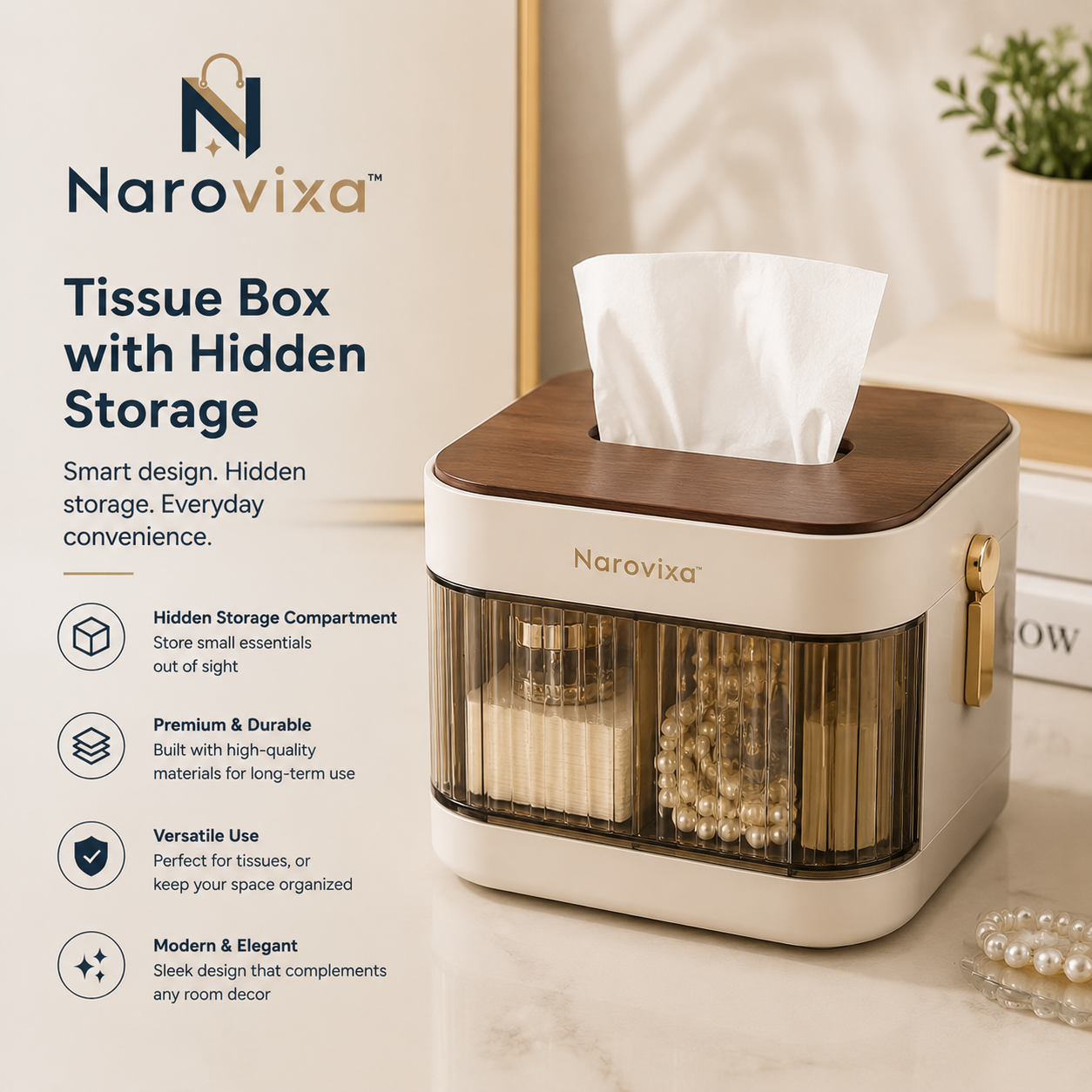 Narovixa™ LuxeNest Dual-Compartment Tissue & Essentials Organizer